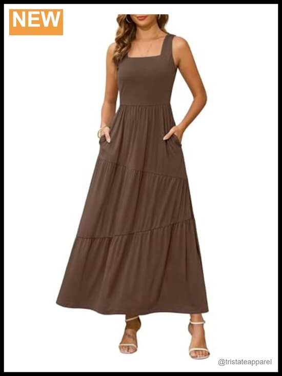 Dresses & Skirts - Sleeveless Square Neck Tiered Maxi Sundress with Pockets